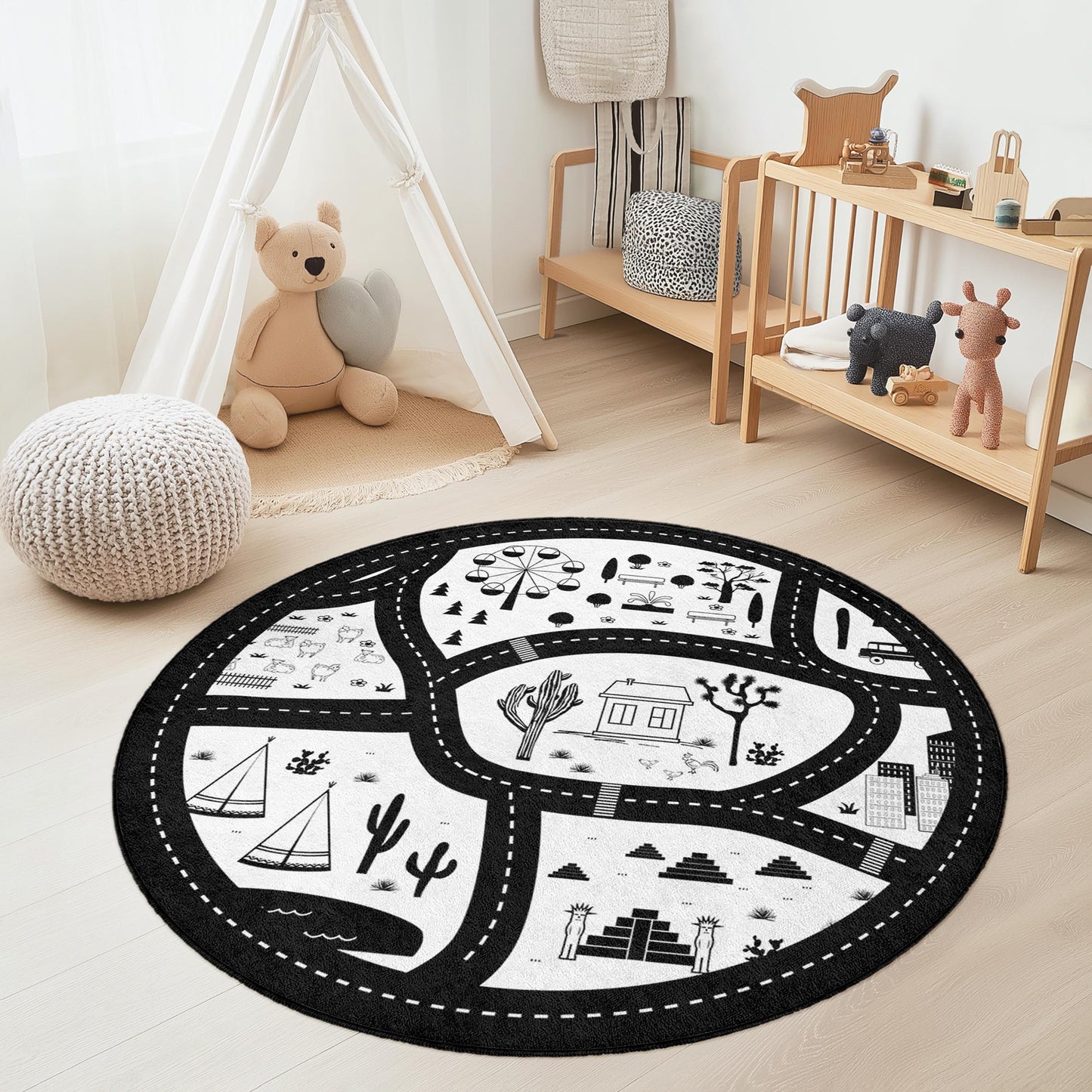 Black and White Road Map Kids Rug, Round Play Rug, Creative Childrens Room Decor, Soft Play Mat, Interactive Learning Rug