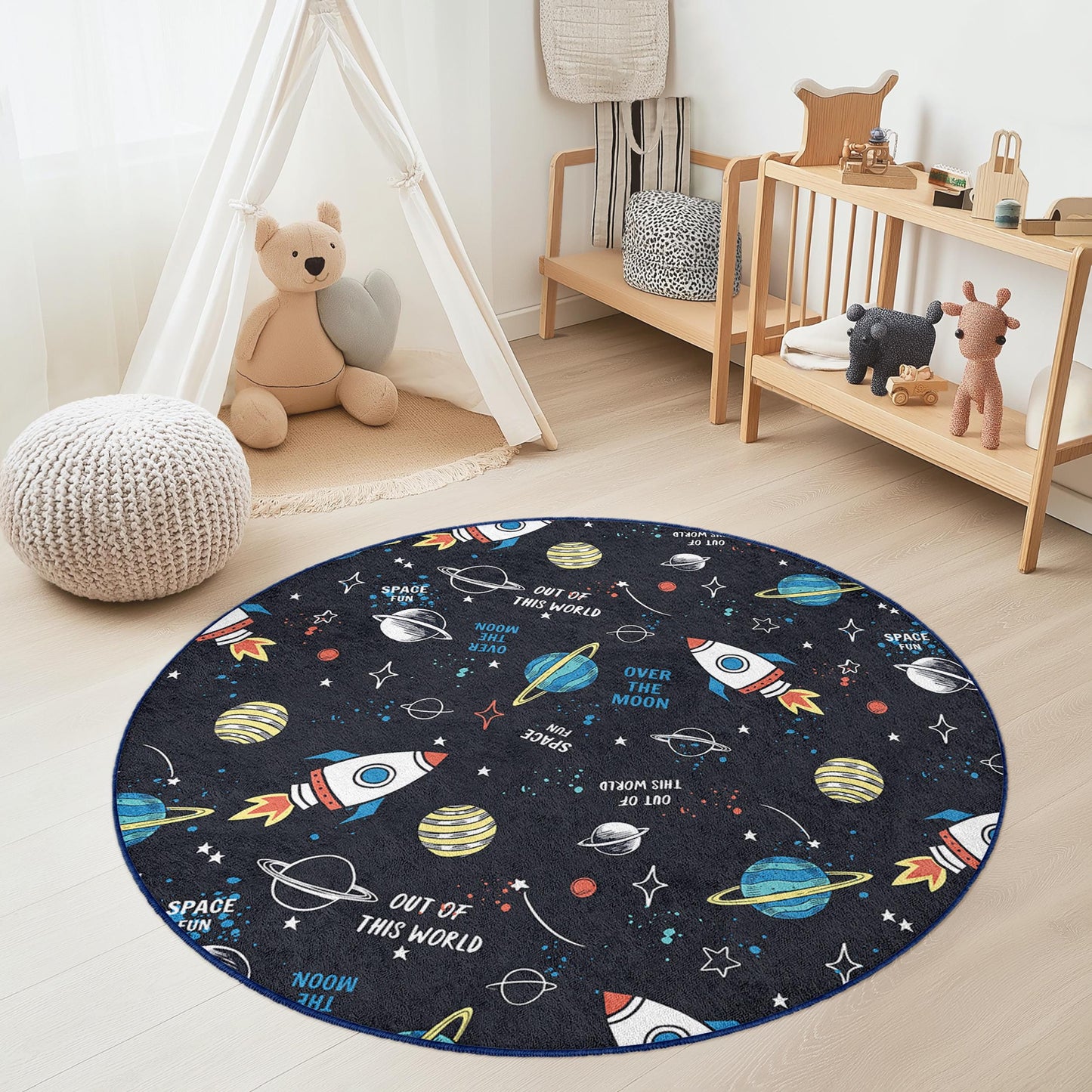 Rocket Ship Space Theme Round Kids Rug, Outer Space Play Mat, Astronaut Room Decor, Galaxy Carpet for Kids, Nursery Rug