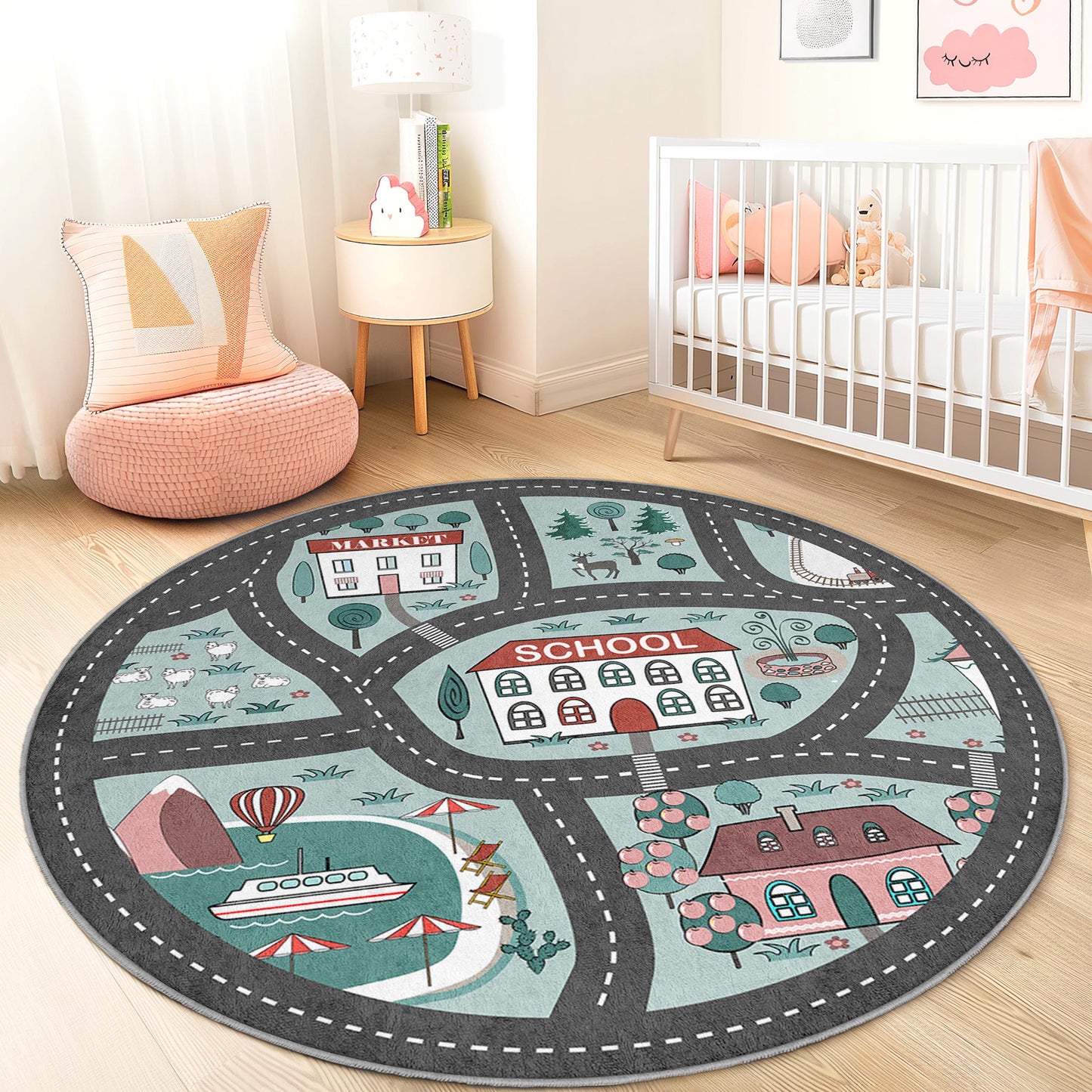 Playful Round Kids Rug with Roads and Landmarks, Interactive Play Mat for Children's Room, Soft Nursery Decor, Fun Playroom Carpet