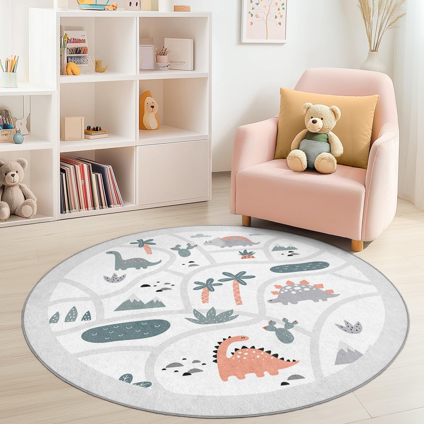 Dinosaur Themed Round Kids Rug, Playful Dinosaur Kids Carpet, Soft Round Area Rug for Children's Room, Playroom Decor