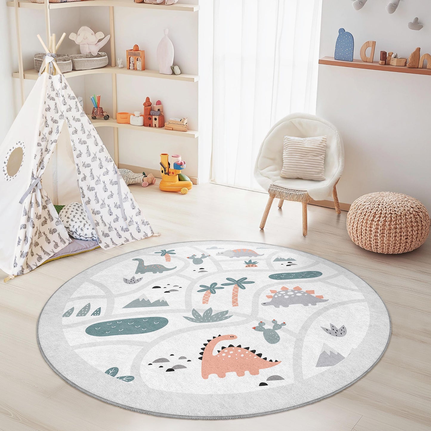 Dinosaur Themed Round Kids Rug, Playful Dinosaur Kids Carpet, Soft Round Area Rug for Children's Room, Playroom Decor