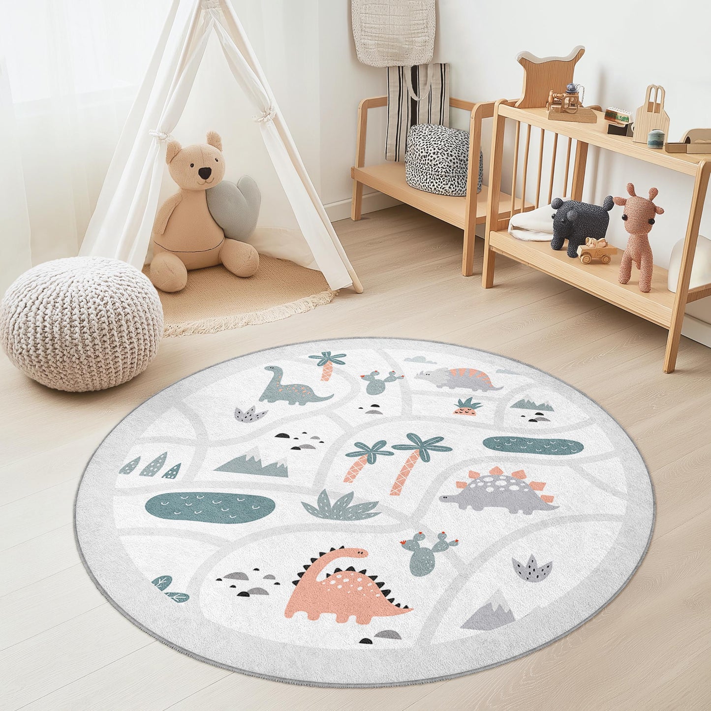 Dinosaur Themed Round Kids Rug, Playful Dinosaur Kids Carpet, Soft Round Area Rug for Children's Room, Playroom Decor