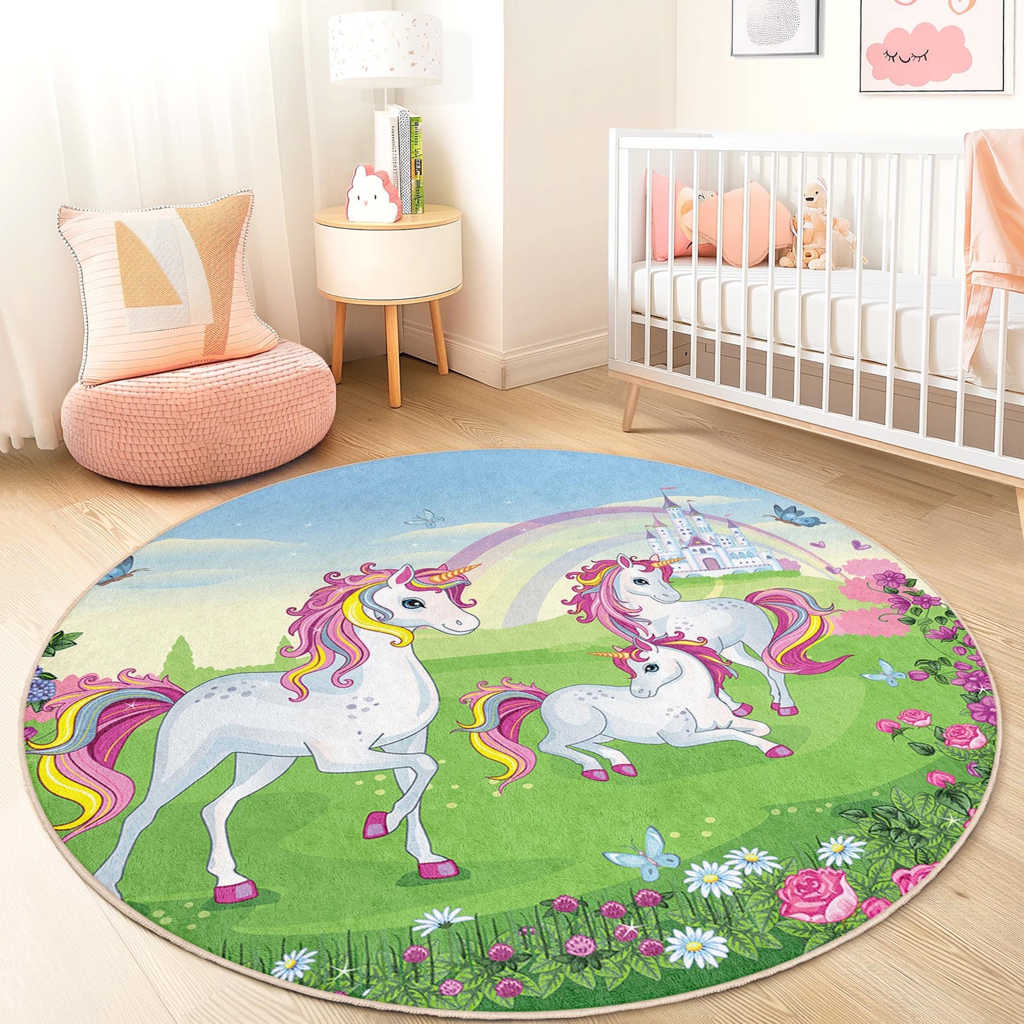Magical Unicorn Round Kids Play Rug, Fantasy Unicorn Carpet, Playroom Decor, Girls Room Rug, Unicorn Theme Nursery Rug