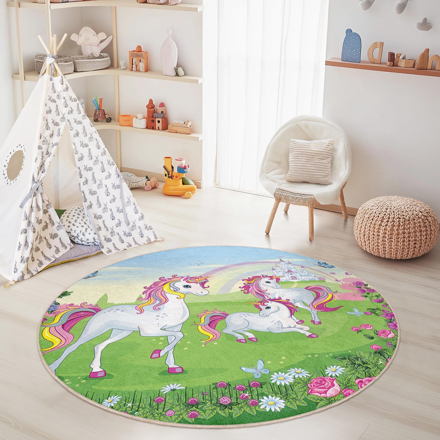 Magical Unicorn Round Kids Play Rug, Fantasy Unicorn Carpet, Playroom Decor, Girls Room Rug, Unicorn Theme Nursery Rug