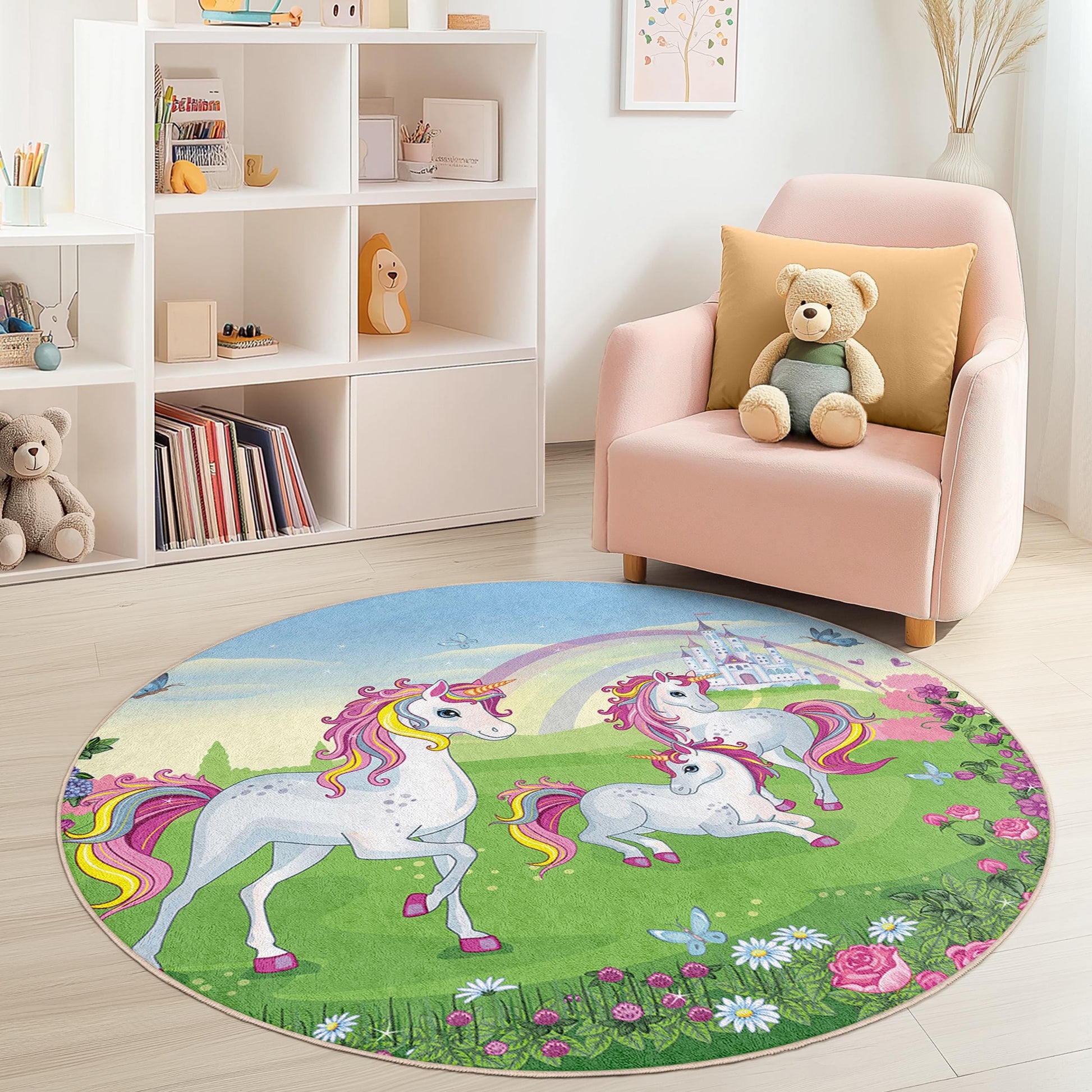 Magical Unicorn Round Kids Play Rug, Fantasy Unicorn Carpet, Playroom Decor, Girls Room Rug, Unicorn Theme Nursery Rug