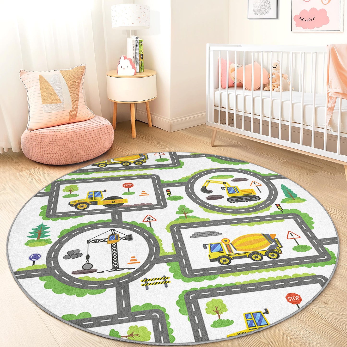 Construction Zone Round Kids Play Rug, Kids Play Mat with Trucks, Interactive Road Map Rug for Playroom, Nursery Decor