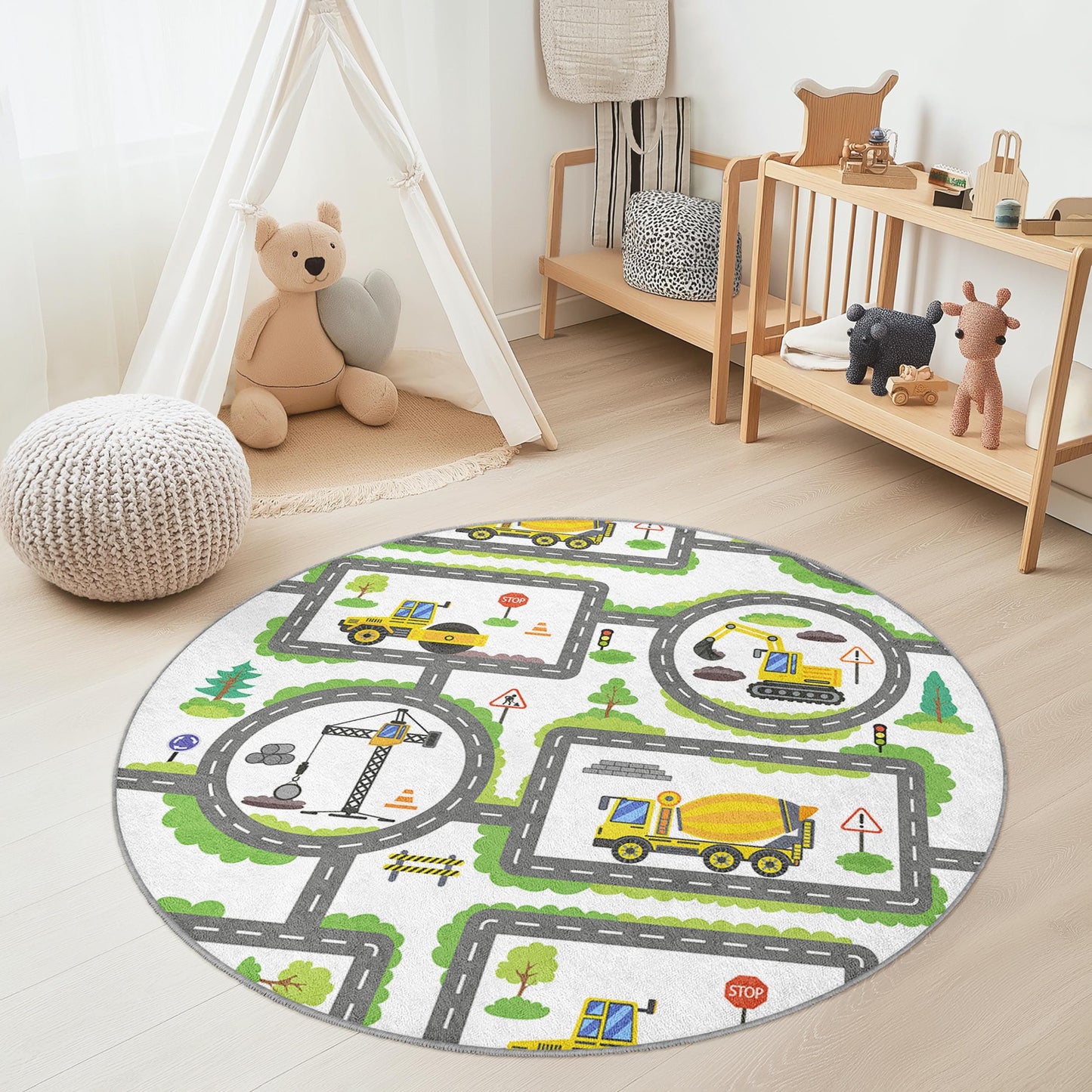 Construction Zone Round Kids Play Rug, Kids Play Mat with Trucks, Interactive Road Map Rug for Playroom, Nursery Decor