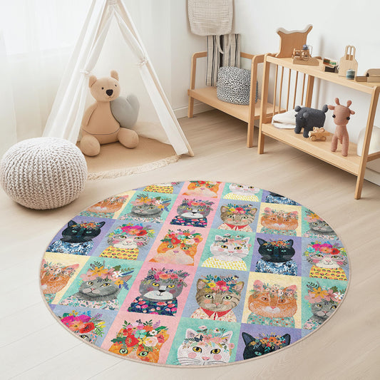 Floral Cat Pattern Round Area Rug, Cat Lovers Rug, Cute Kitty Decor, Kids Room Rug, Colorful Pet Rug, Playful Cat Carpet
