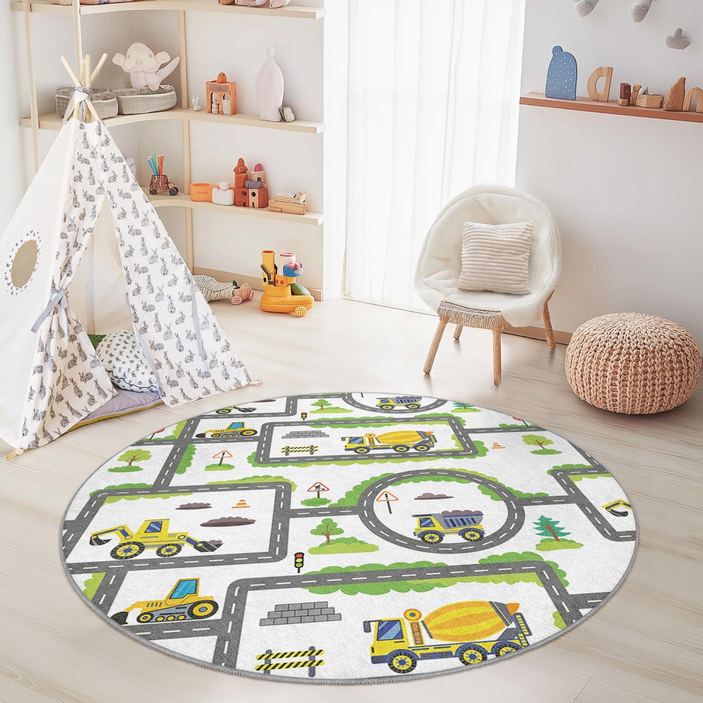 Construction Zone Round Kids Play Rug, Truck and Road Map Rug, Playroom Decor, Nursery Carpet, Soft Play Mat for Children