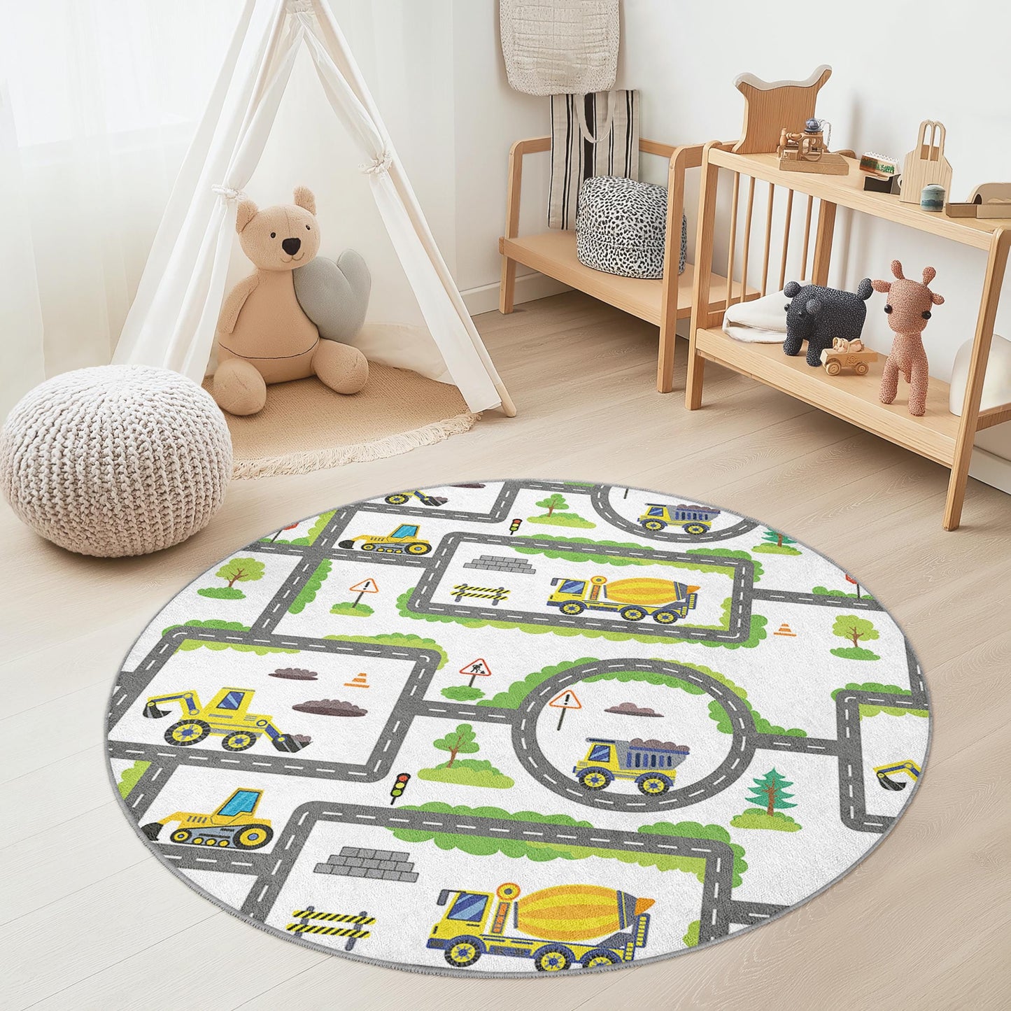 Construction Zone Round Kids Play Rug, Truck and Road Map Rug, Playroom Decor, Nursery Carpet, Soft Play Mat for Children