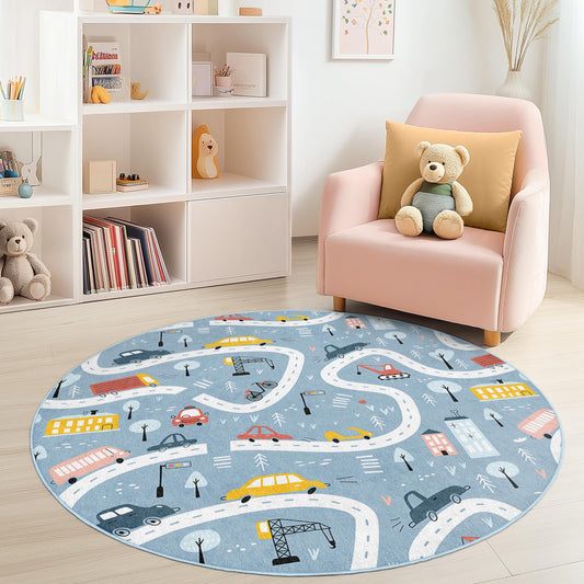 Colorful Road Map Kids Round Rug, Playful Round Carpet for Children's Room, Soft Nursery Decor, Interactive Play Mat