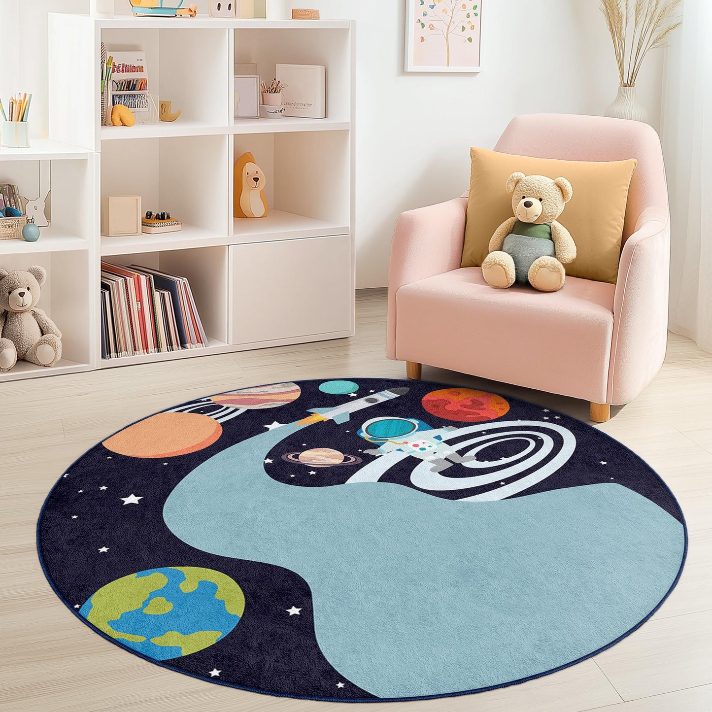 Cosmic Adventure Kids Round Rug, Space Theme Play Mat, Astronaut Rug for Kids Room, Galaxy Decor, Playroom Carpet