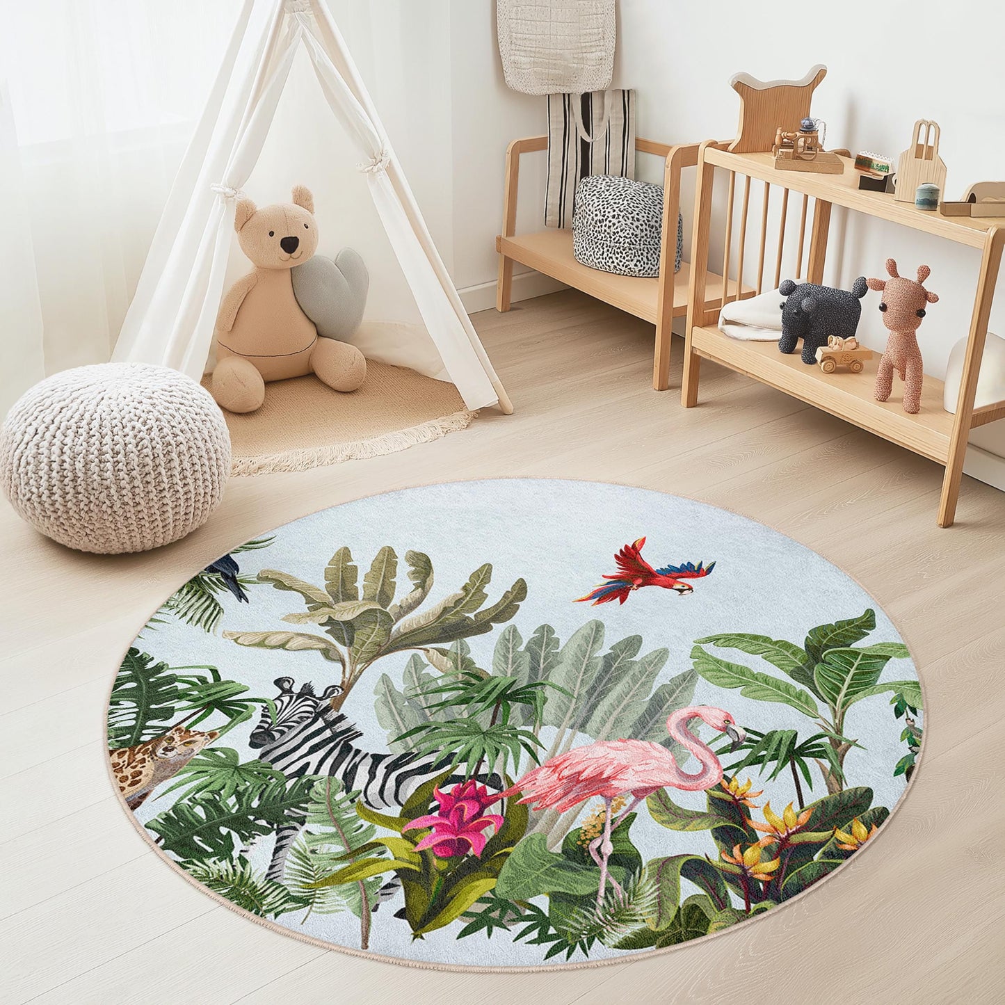 Tropical Paradise Round Kids Rug, Jungle Animal Play Mat, Flamingo Decor, Nature Inspired Round Rug, Kids Room Flooring