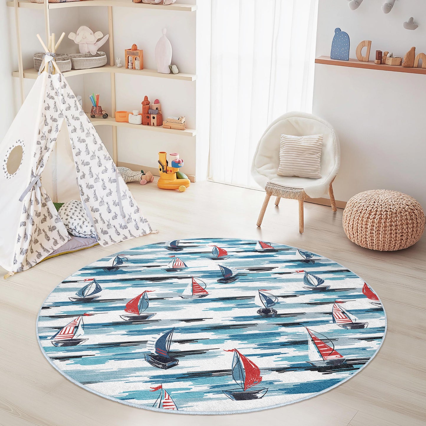 Nautical Sailboat Round Area Rug, Kids Room Decor, Ocean Theme Play Mat, Sea Adventure Rug, Round Carpet for Children