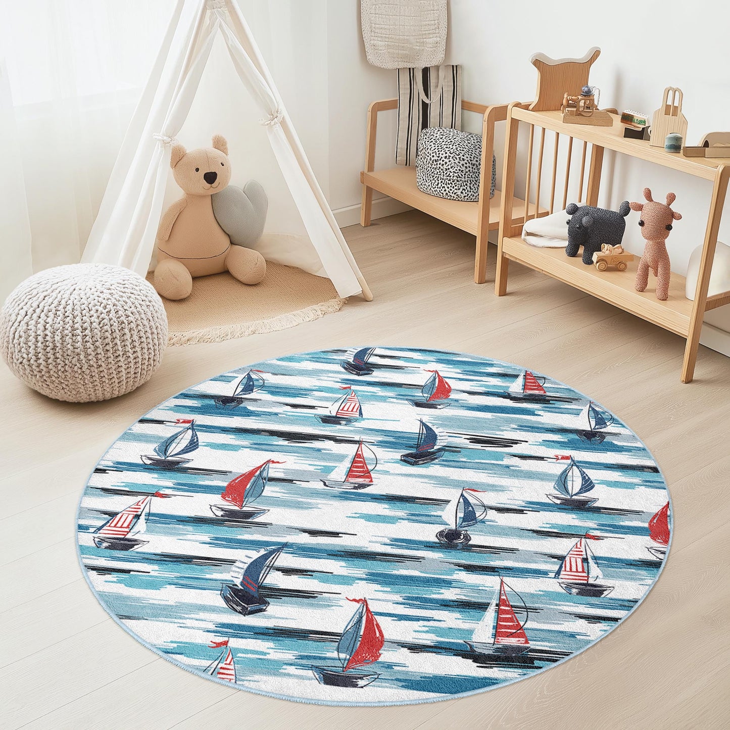 Nautical Sailboat Round Area Rug, Kids Room Decor, Ocean Theme Play Mat, Sea Adventure Rug, Round Carpet for Children