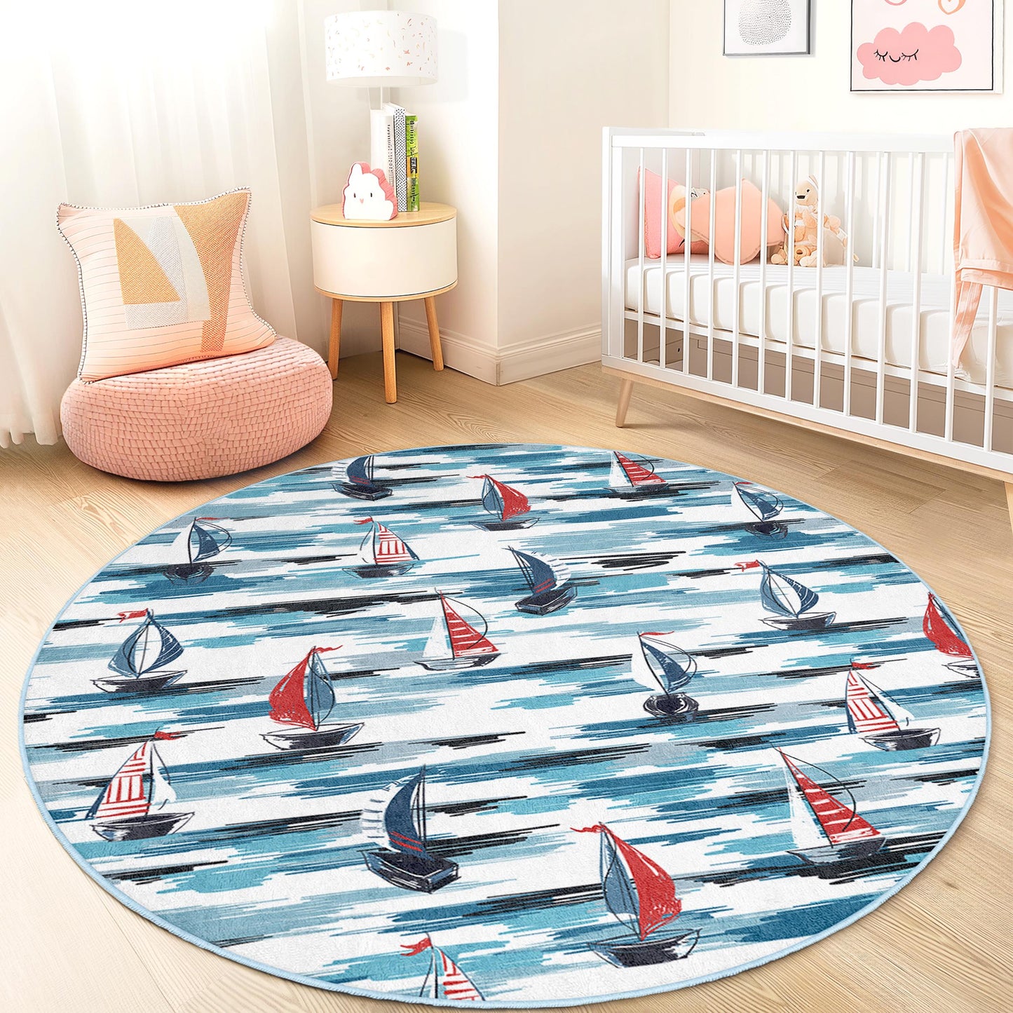 Nautical Sailboat Round Area Rug, Kids Room Decor, Ocean Theme Play Mat, Sea Adventure Rug, Round Carpet for Children