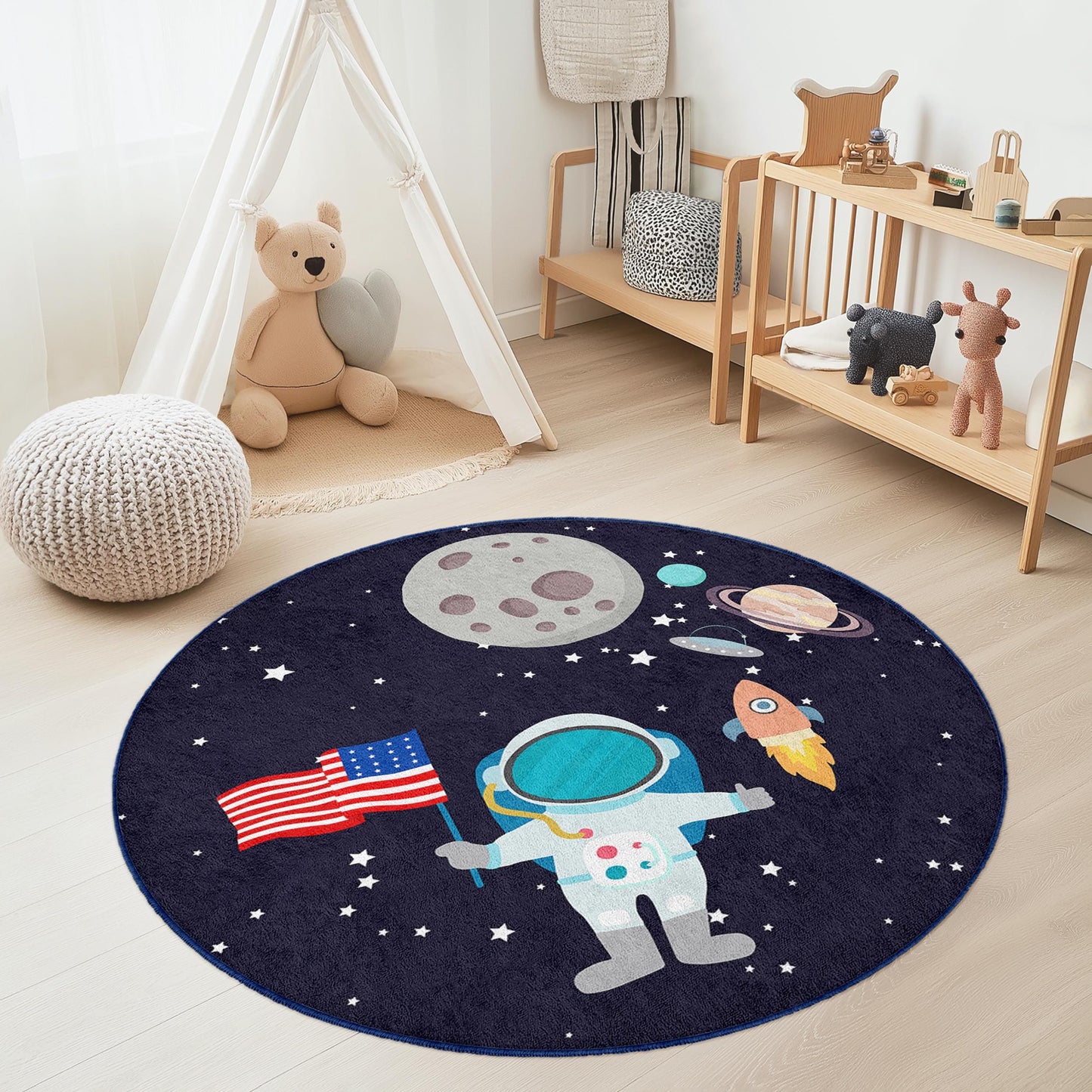 Astronaut Space Adventure Round Kids Rug, Outer Space Themed Rug, Galaxy Decor for Kids Room, Playroom Rug, Fun Planet Carpet