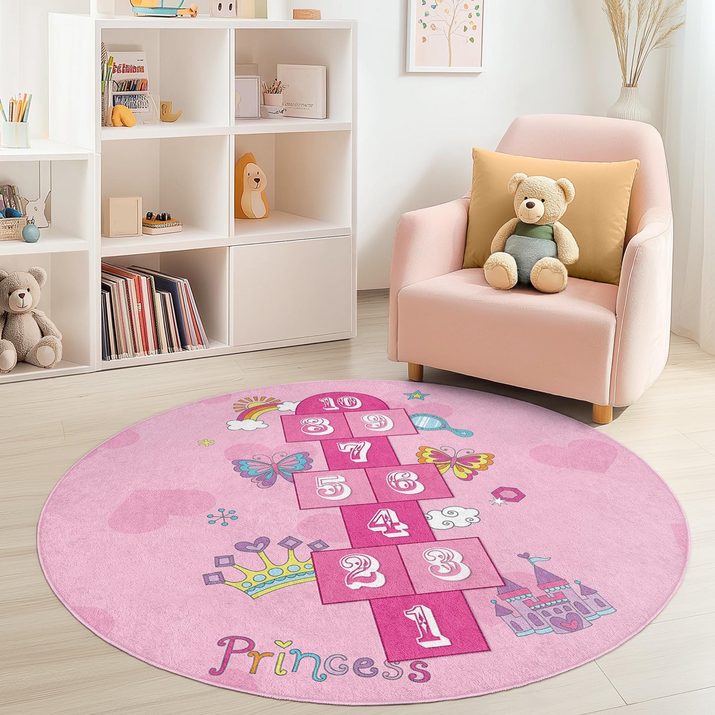 Princess Hopscotch Round Play Rug, Pink Kids Rug, Girls Room Decor, Interactive Hopscotch Mat, Soft Nursery Rug, Playroom Area Rug