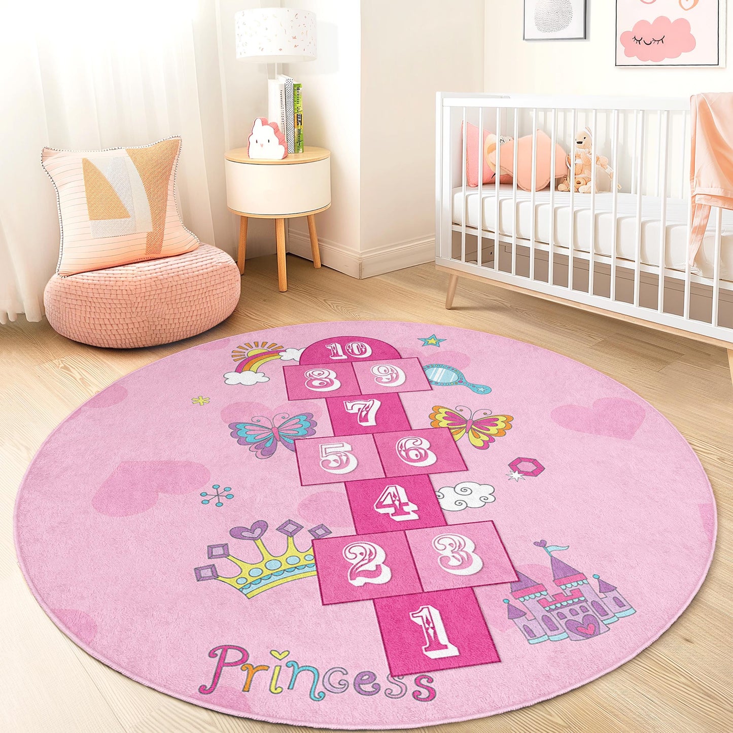 Princess Hopscotch Round Play Rug, Pink Kids Rug, Girls Room Decor, Interactive Hopscotch Mat, Soft Nursery Rug, Playroom Area Rug
