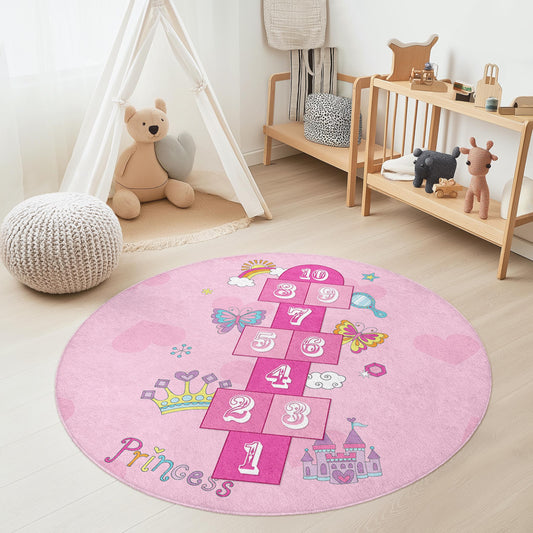 Princess Hopscotch Round Play Rug, Pink Kids Rug, Girls Room Decor, Interactive Hopscotch Mat, Soft Nursery Rug, Playroom Area Rug