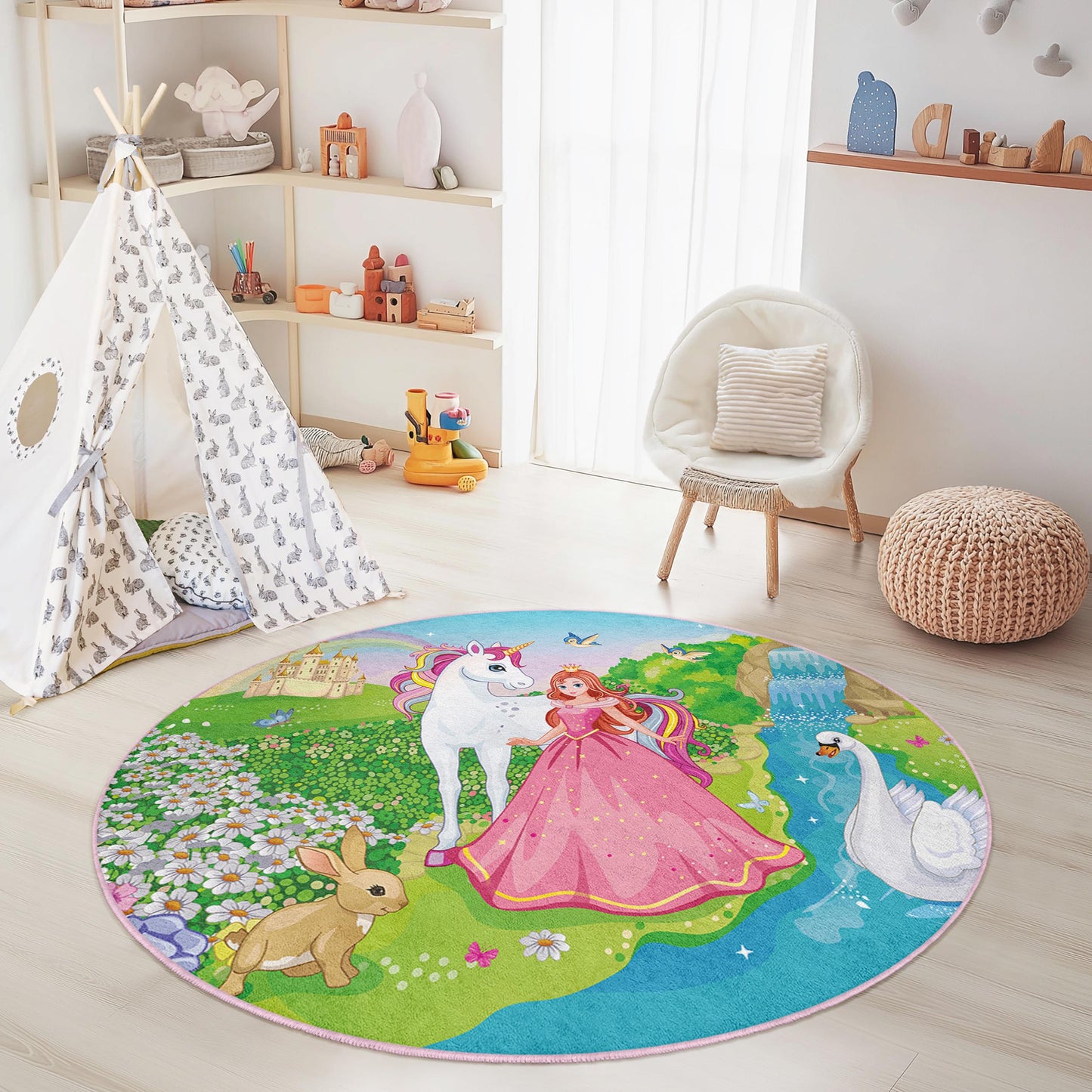 Magical Unicorn Round Kids Play Rug, Princess Themed Kids Room Rug, Fairy Tale Area Rug, Playroom Decor, Nursery Carpet