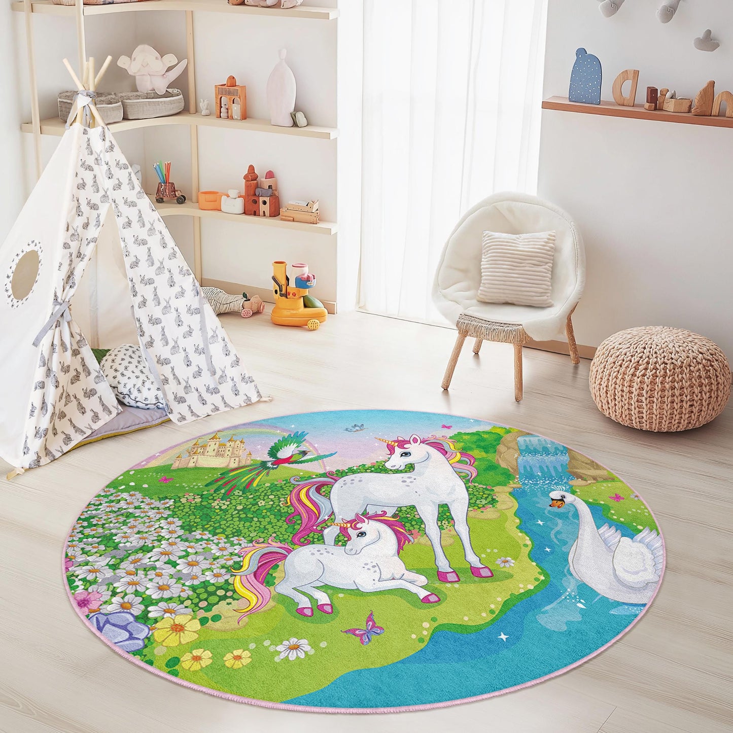 Magical Unicorn Round Rug, Enchanted Forest Kids Rug, Unicorn Play Mat, Fairy Tale Carpet, Nursery Decor