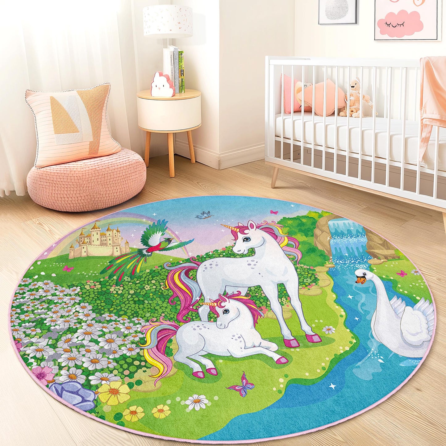 Magical Unicorn Round Rug, Enchanted Forest Kids Rug, Unicorn Play Mat, Fairy Tale Carpet, Nursery Decor