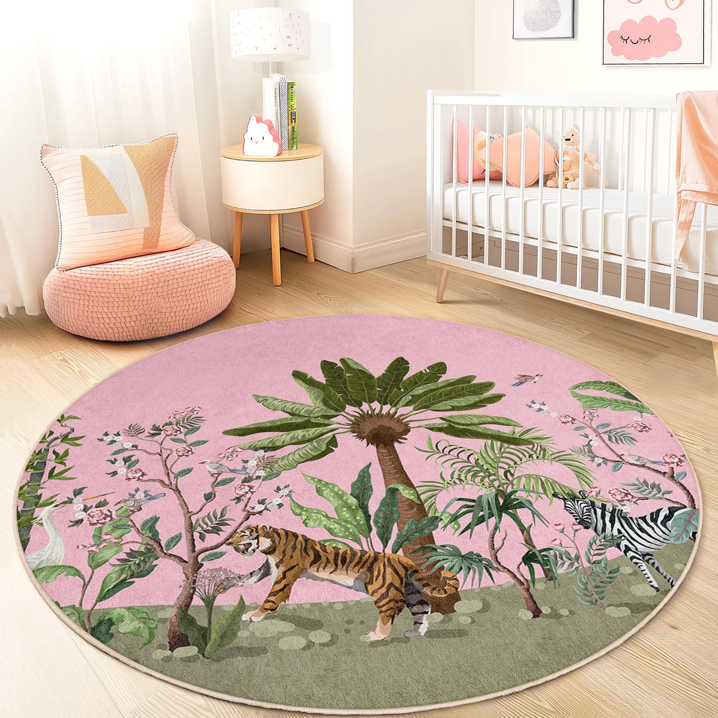 Tropical Jungle Round Kids Rug, Safari Animal Rug, Pink Jungle Carpet, Kids Room Decor, Playroom Rug, Nature Themed Rug