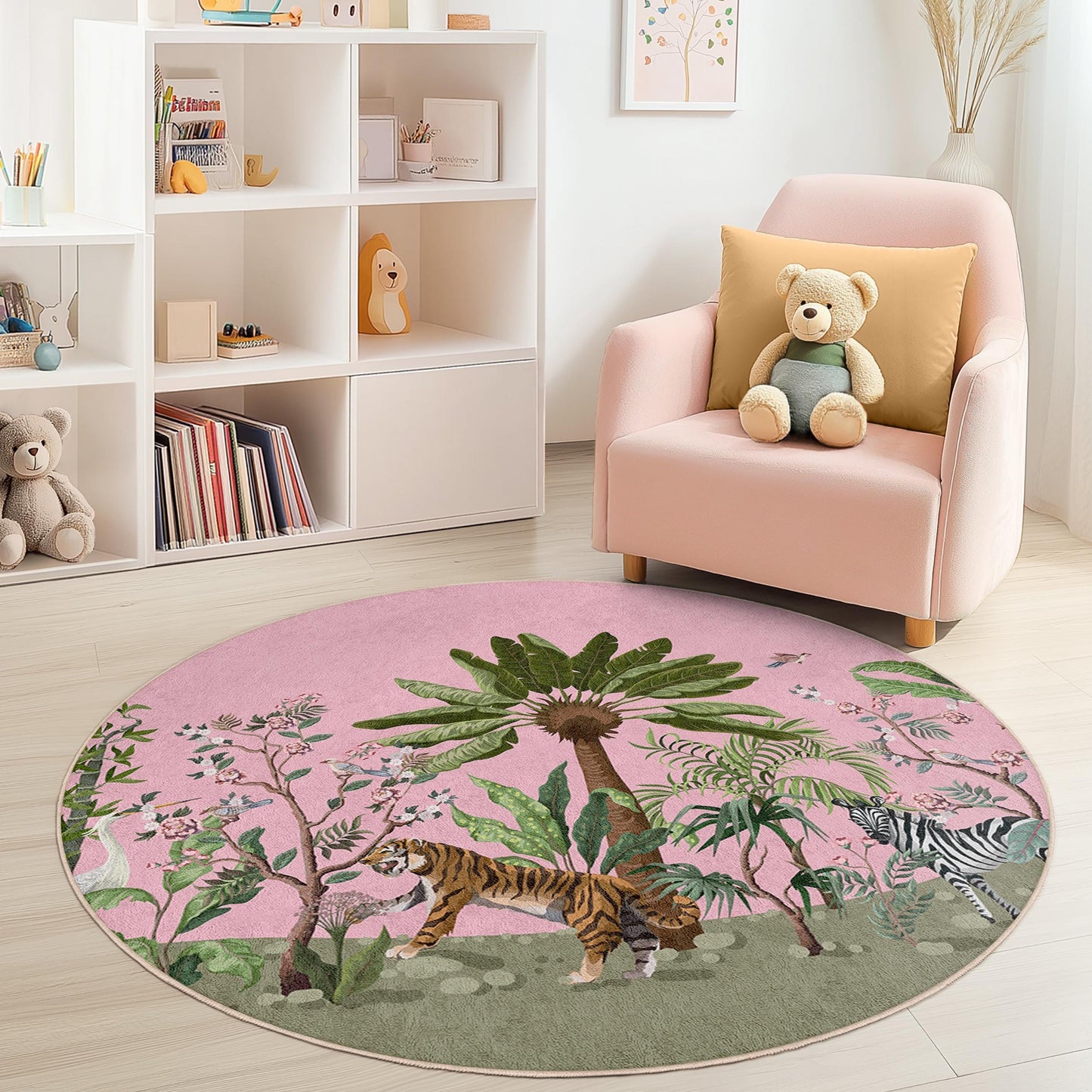 Tropical Jungle Round Kids Rug, Safari Animal Rug, Pink Jungle Carpet, Kids Room Decor, Playroom Rug, Nature Themed Rug