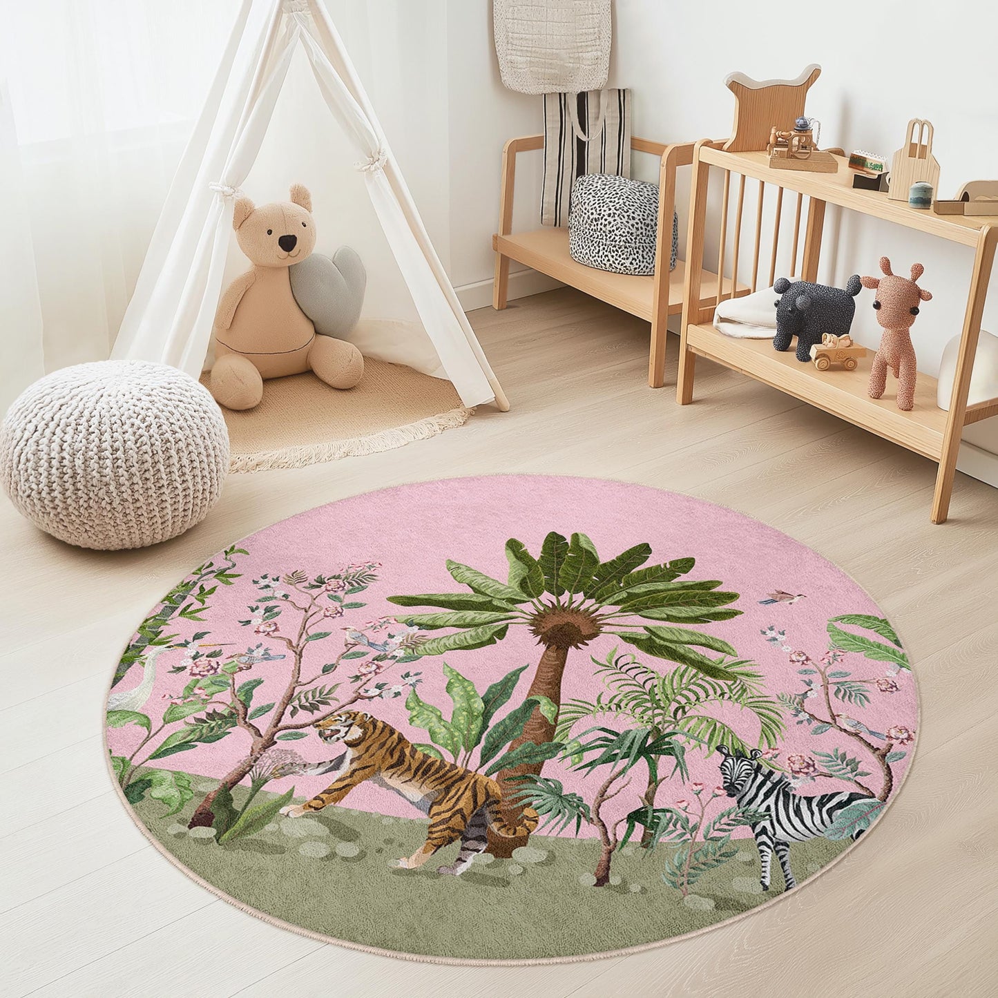 Tropical Jungle Round Kids Rug, Safari Animal Rug, Pink Jungle Carpet, Kids Room Decor, Playroom Rug, Nature Themed Rug