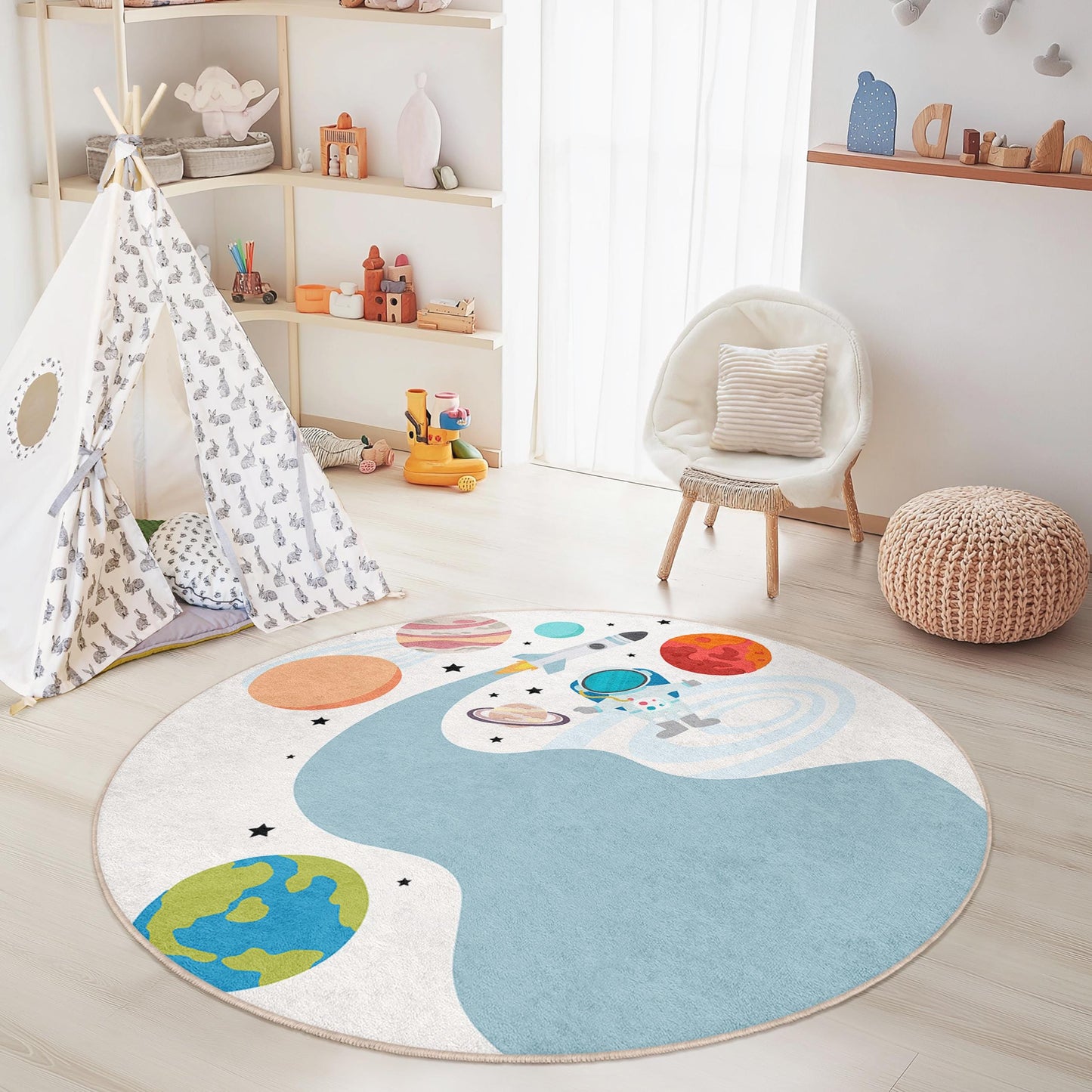 Space Adventure Round Kids Play Rug, Astronaut Rug for Kids Room, Galaxy Themed Play Mat, Colorful Kids Carpet