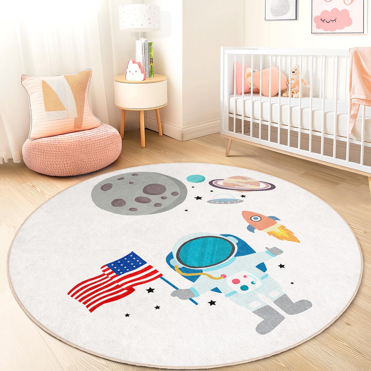Space Adventure Round Kids Rug, Astronaut and Planets Play Mat, Outer Space Nursery Decor, Galaxy Themed Rug for Kids Room