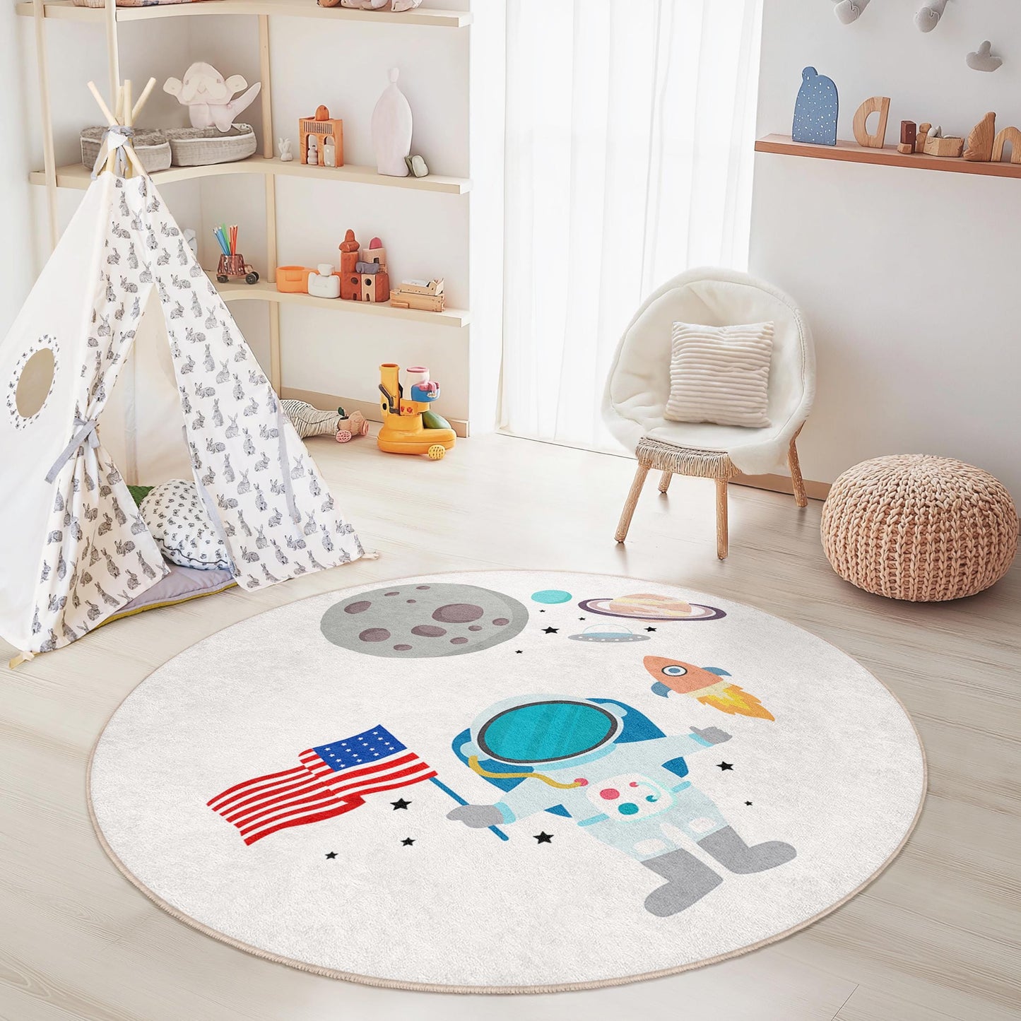 Space Adventure Round Kids Rug, Astronaut and Planets Play Mat, Outer Space Nursery Decor, Galaxy Themed Rug for Kids Room