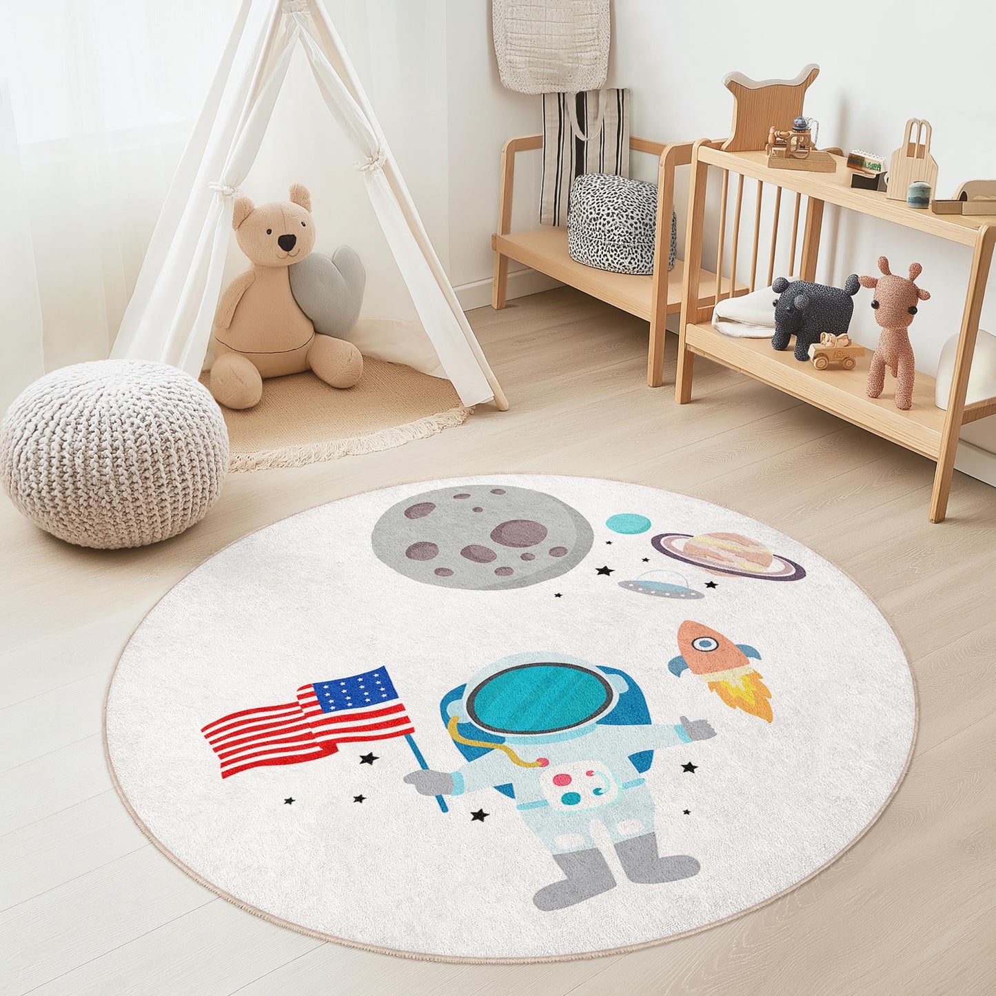 Space Adventure Round Kids Rug, Astronaut and Planets Play Mat, Outer Space Nursery Decor, Galaxy Themed Rug for Kids Room