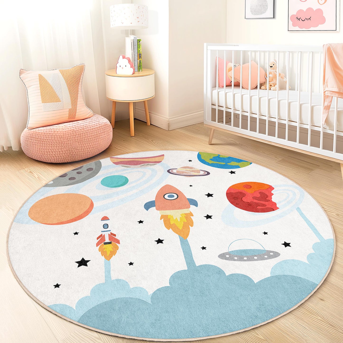 Rocket Adventure Round Kids Play Rug, Space Themed Carpet, Colorful Nursery Decor, Fun Playroom Rug, Toddler Room Accent