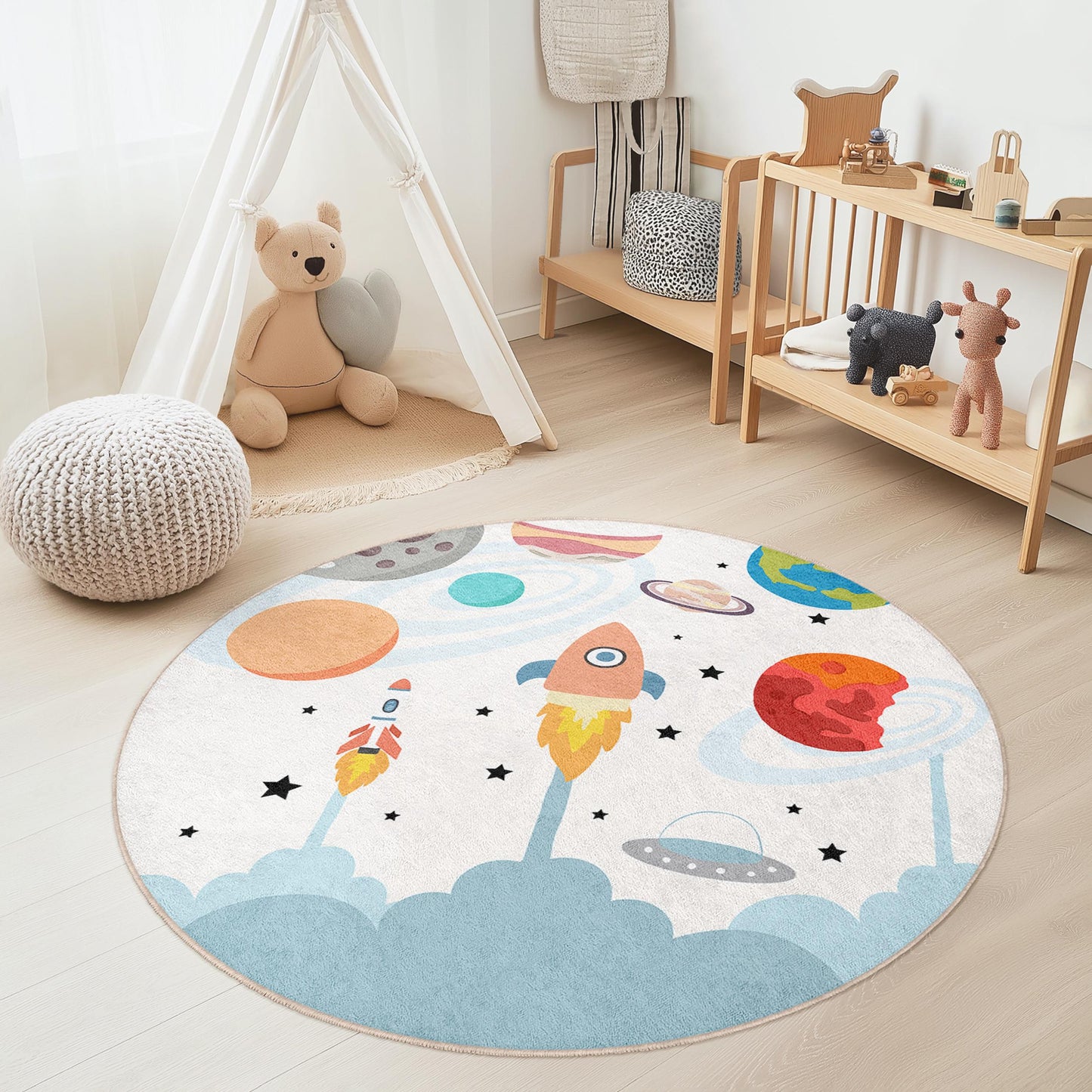 Rocket Adventure Round Kids Play Rug, Space Themed Carpet, Colorful Nursery Decor, Fun Playroom Rug, Toddler Room Accent