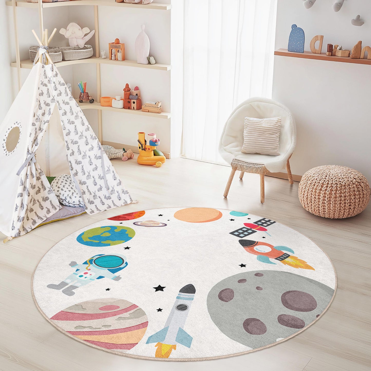 Cosmic Adventure Round Kids Play Rug, Outer Space Themed Carpet, Astronauts & Planets Rug, Playroom Decor, Nursery Mat