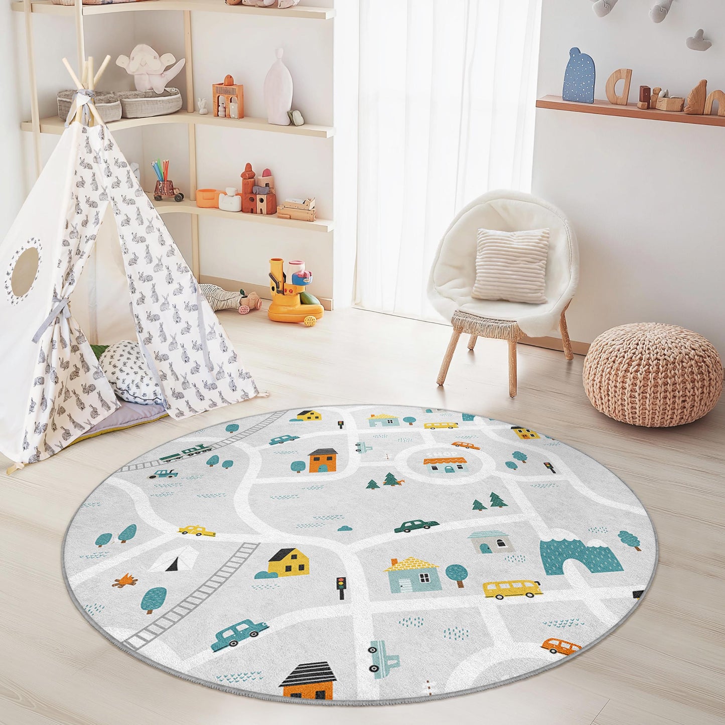 Playful Road Map Round Kids Rug, Interactive Play Mat for Children's Room, Soft Nursery Decor, Kids Playroom Rug