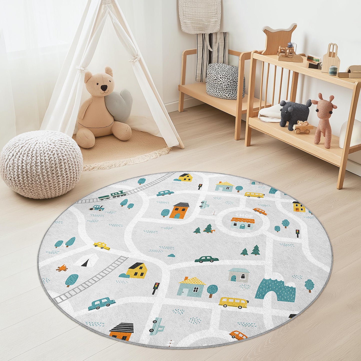 Playful Road Map Round Kids Rug, Interactive Play Mat for Children's Room, Soft Nursery Decor, Kids Playroom Rug