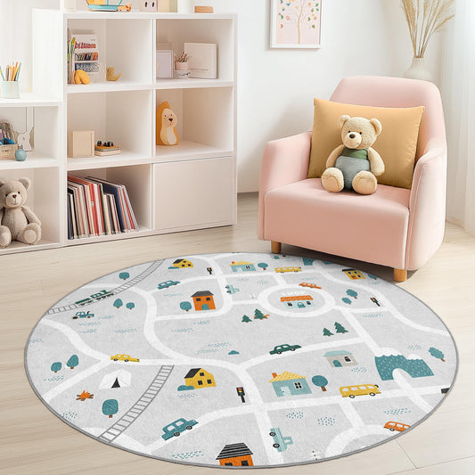 Playful Road Map Round Kids Rug, Interactive Play Mat for Children's Room, Soft Nursery Decor, Kids Playroom Rug