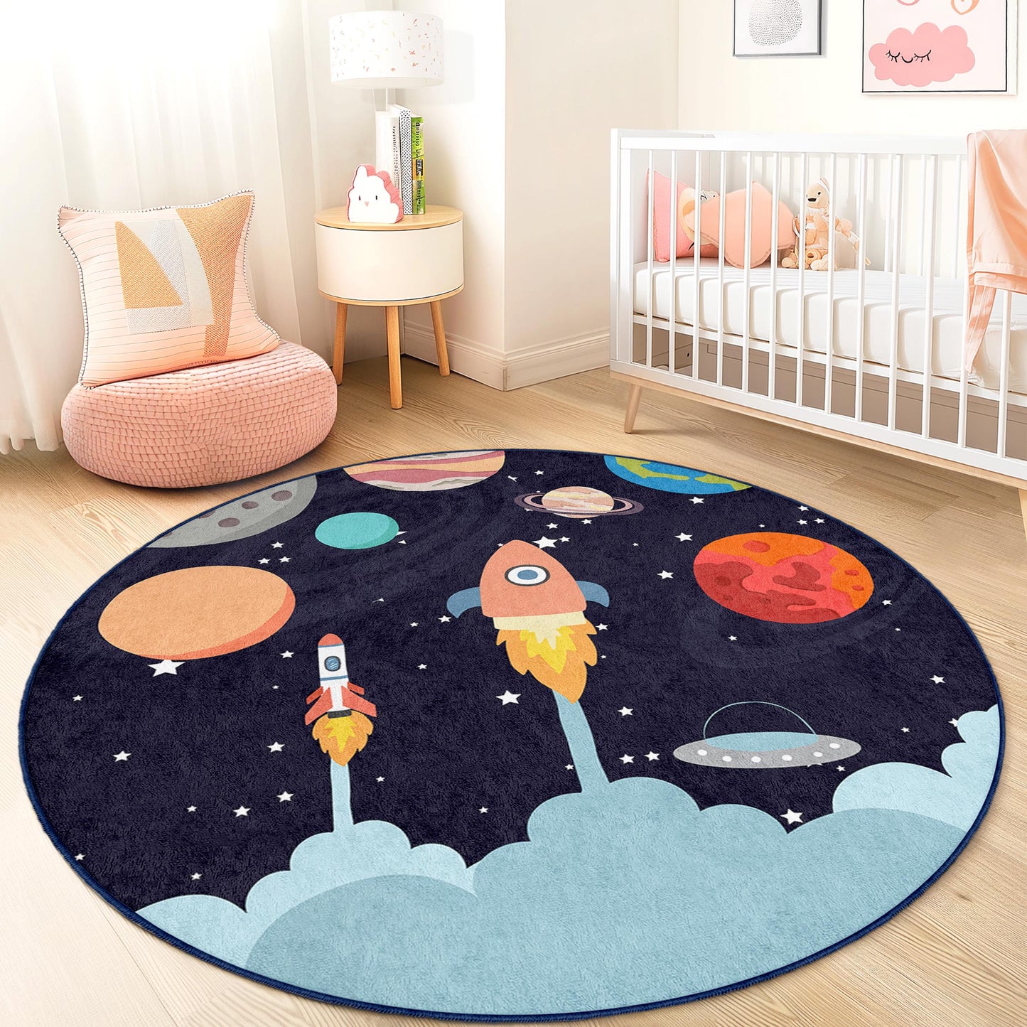Rocket Ship Adventure Round Kids Rug, Space Theme Play Mat, Outer Space Decor, Kids Room Rug, Galaxy Nursery Carpet
