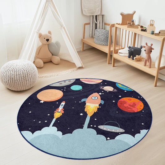 Rocket Ship Adventure Round Kids Rug, Space Theme Play Mat, Outer Space Decor, Kids Room Rug, Galaxy Nursery Carpet