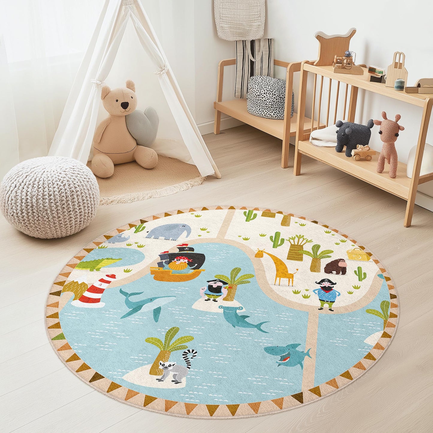 Pirate Adventure Round Kids Rug, Playful Map Kids Carpet, Nursery Decor, Soft Play Mat for Children's Room, Fun Animal Design