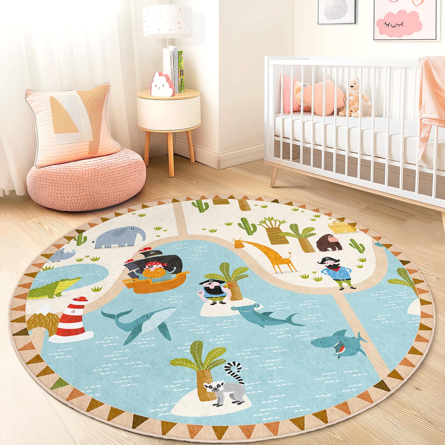 Pirate Adventure Round Kids Rug, Playful Map Kids Carpet, Nursery Decor, Soft Play Mat for Children's Room, Fun Animal Design
