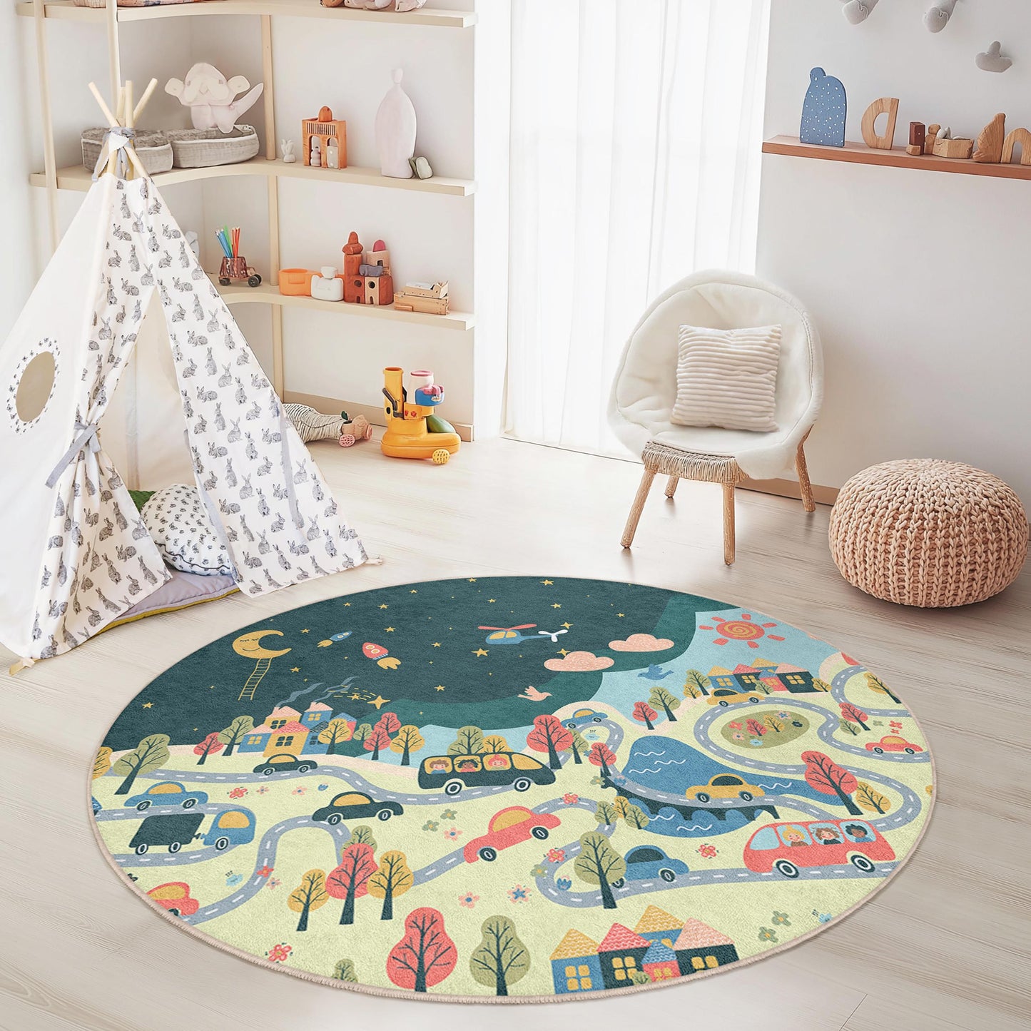 Dreamy Night Sky Round Kids Play Rug, Whimsical Road Map Nursery Rug, Playroom Decor, Soft Kids Carpet for Imaginative Play