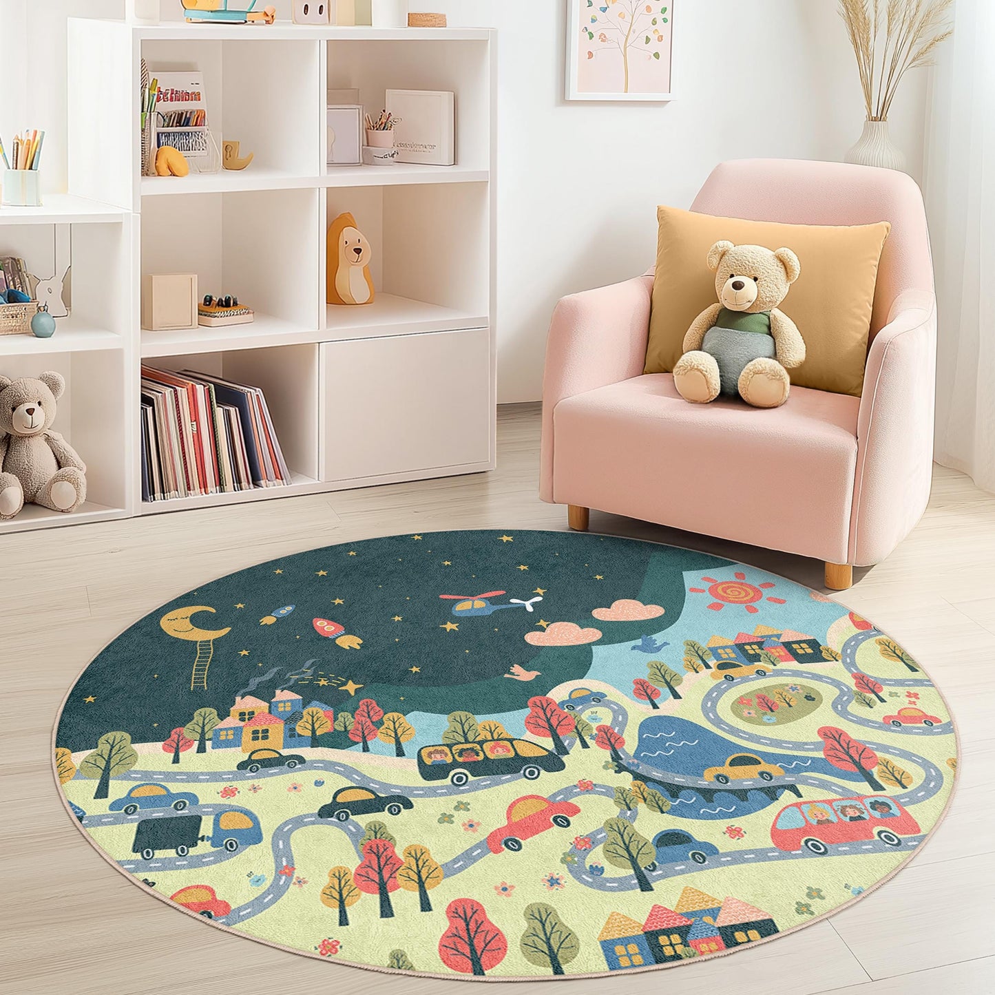 Dreamy Night Sky Round Kids Play Rug, Whimsical Road Map Nursery Rug, Playroom Decor, Soft Kids Carpet for Imaginative Play