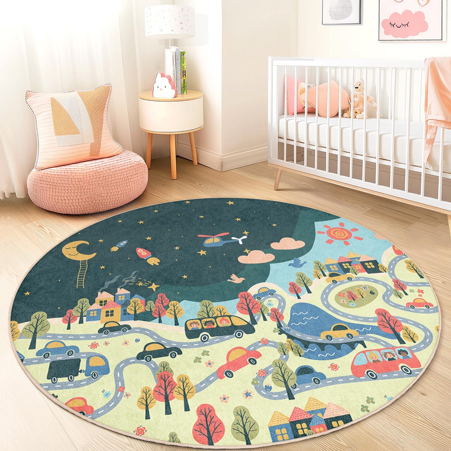 Dreamy Night Sky Round Kids Play Rug, Whimsical Road Map Nursery Rug, Playroom Decor, Soft Kids Carpet for Imaginative Play