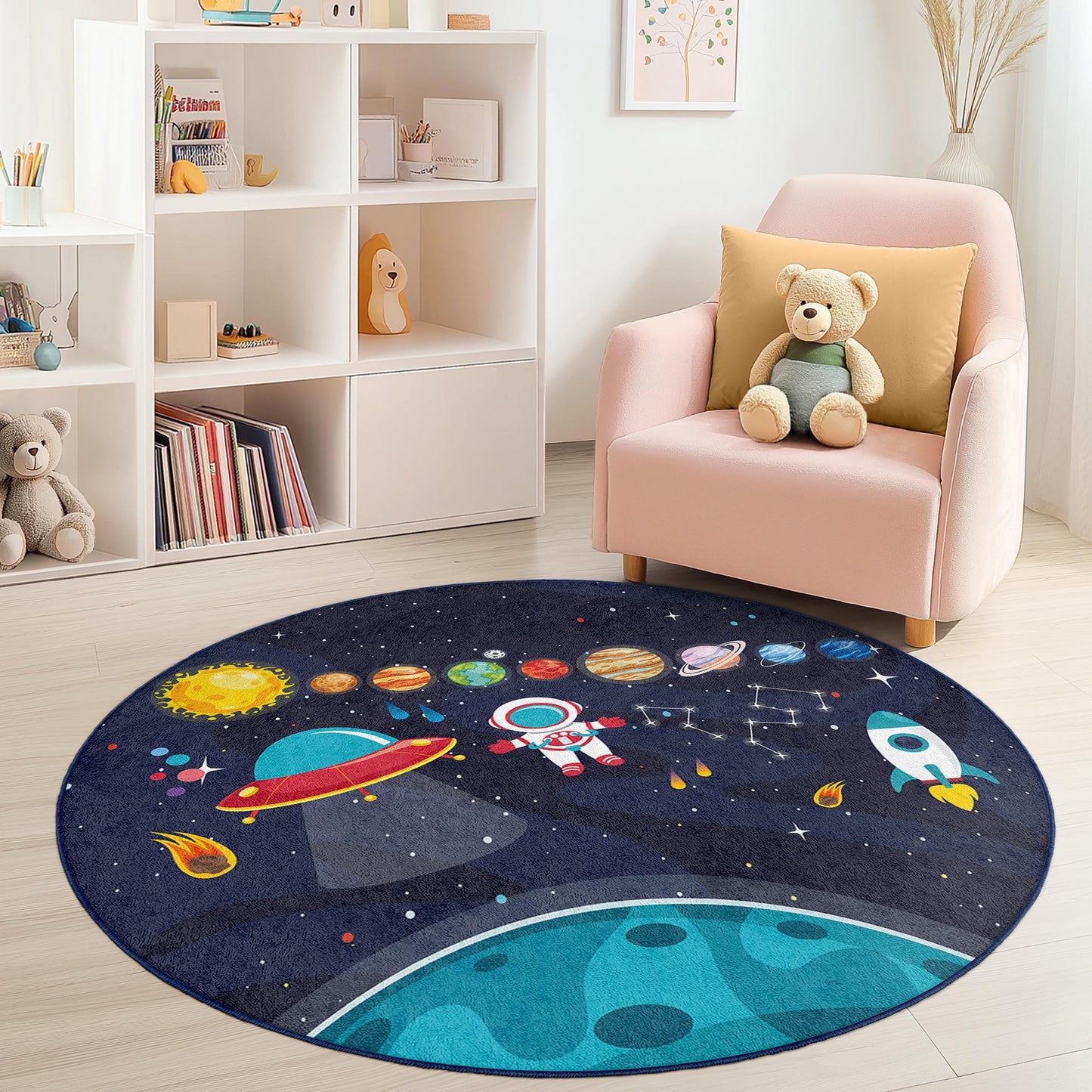 Space Adventure Round Kids Rug, Astronaut and Planets Play Mat, Galaxy Themed Soft Carpet for Kids Room, Nursery Decor