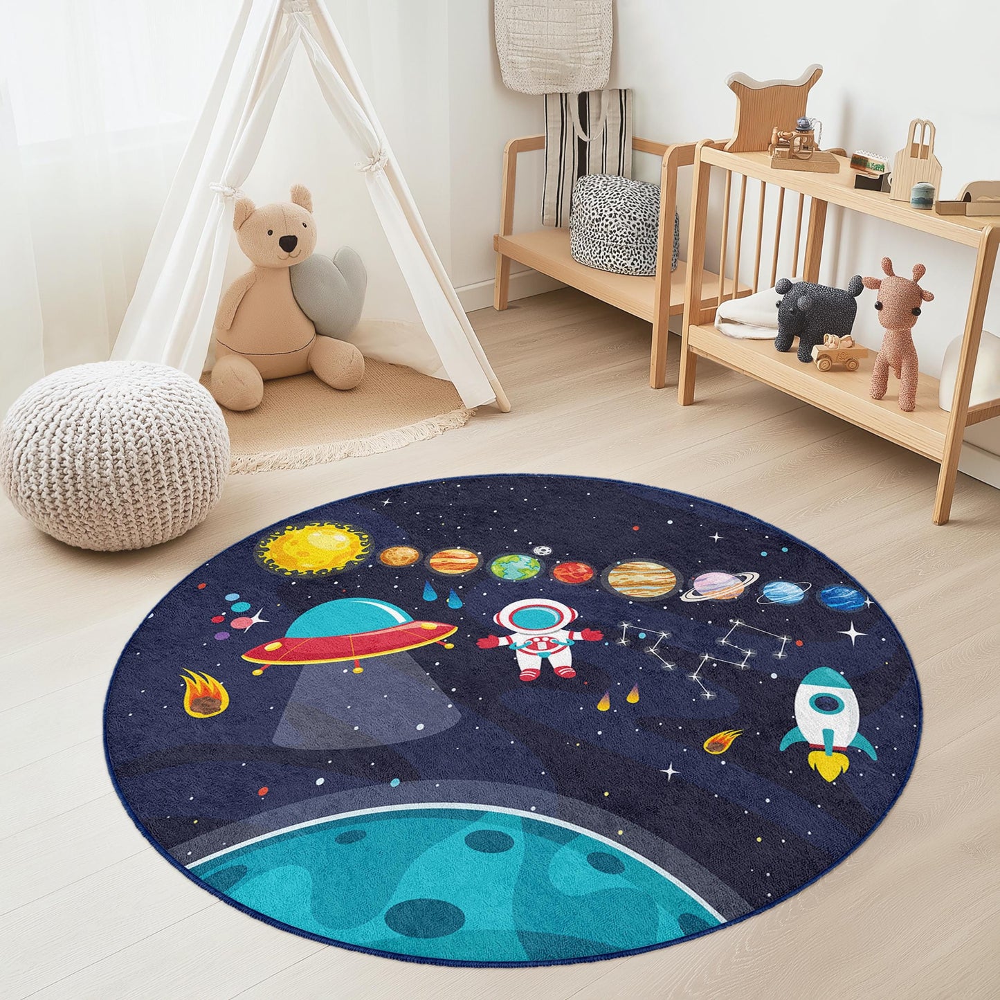 Space Adventure Round Kids Rug, Astronaut and Planets Play Mat, Galaxy Themed Soft Carpet for Kids Room, Nursery Decor