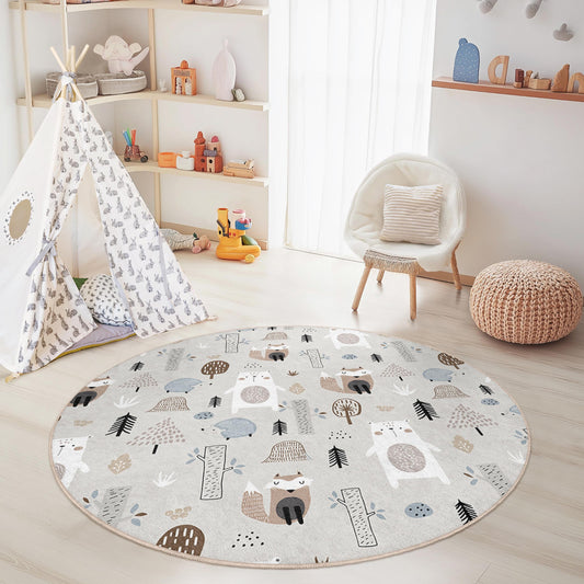 Whimsical Forest Animals Round Kids Rug, Cute Bear and Hedgehog Decor, Children's Room Carpet, Soft Play Mat, Nursery Rug